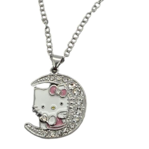 Hello Kitty Moon Rhinestone 24" Necklace Pink Bow Cat Charm Pendant Silver Chain - Picture 7 of 7